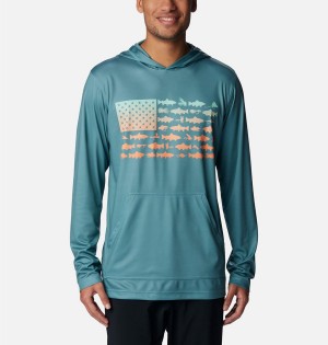 Turquoise Columbia PFG Terminal Tackle Fish Flag Men's Hoodie | 56279OBJK