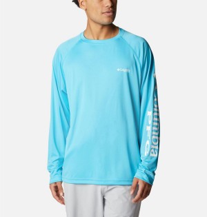 Turquoise Columbia PFG Terminal Tackle Long Sleeve Men's T-Shirt | 84597VJKW