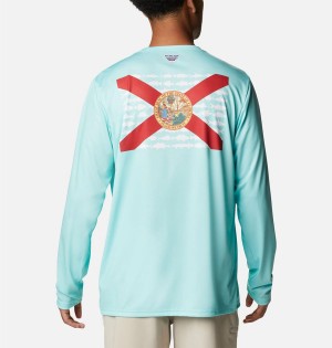 Turquoise Columbia Terminal Tackle PFG Fish Flag Long Sleeve Men's T-Shirt | 29714CGBZ