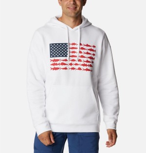 White Columbia PFG Fish Flag II Men's Hoodie | 15467WVPD