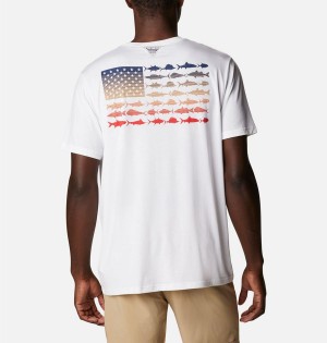 White Columbia PFG Fish Flag Tech Short Sleeve Men's T-Shirt | 28430YPZJ