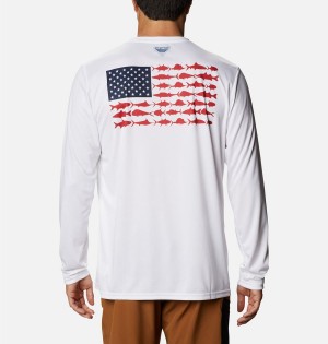 White Columbia Terminal Tackle PFG Fish Flag Long Sleeve Men's T-Shirt | 52840LROF