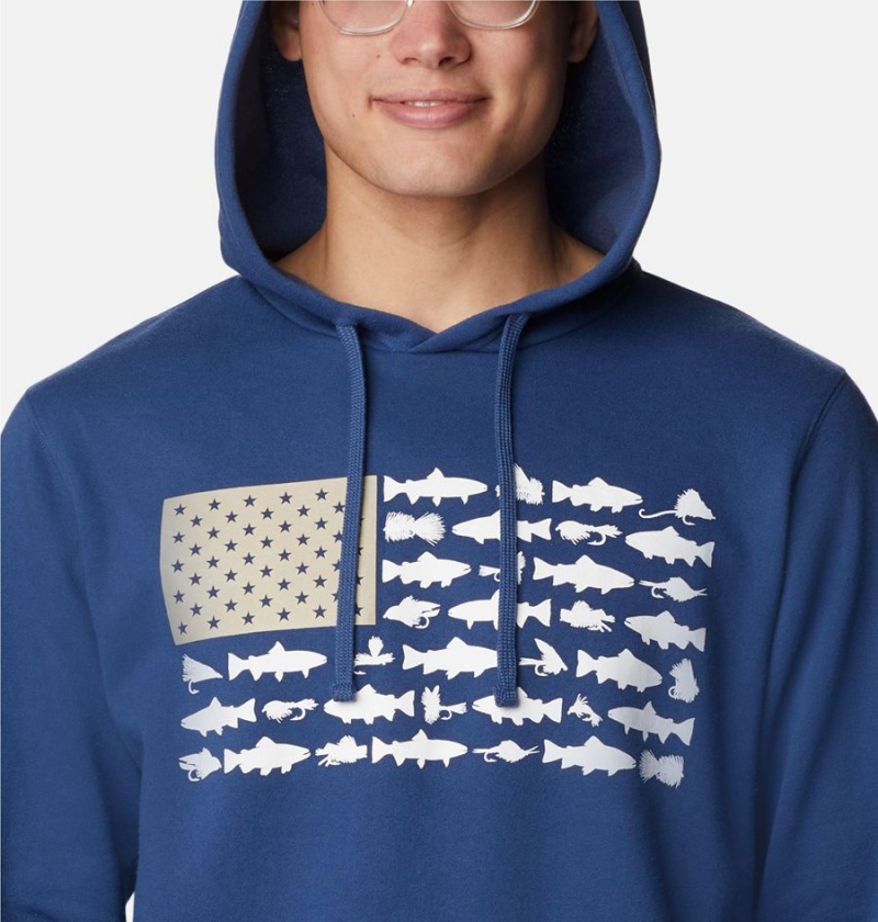 Blue Columbia PFG Fish Flag II Men's Hoodie | 39674XASO