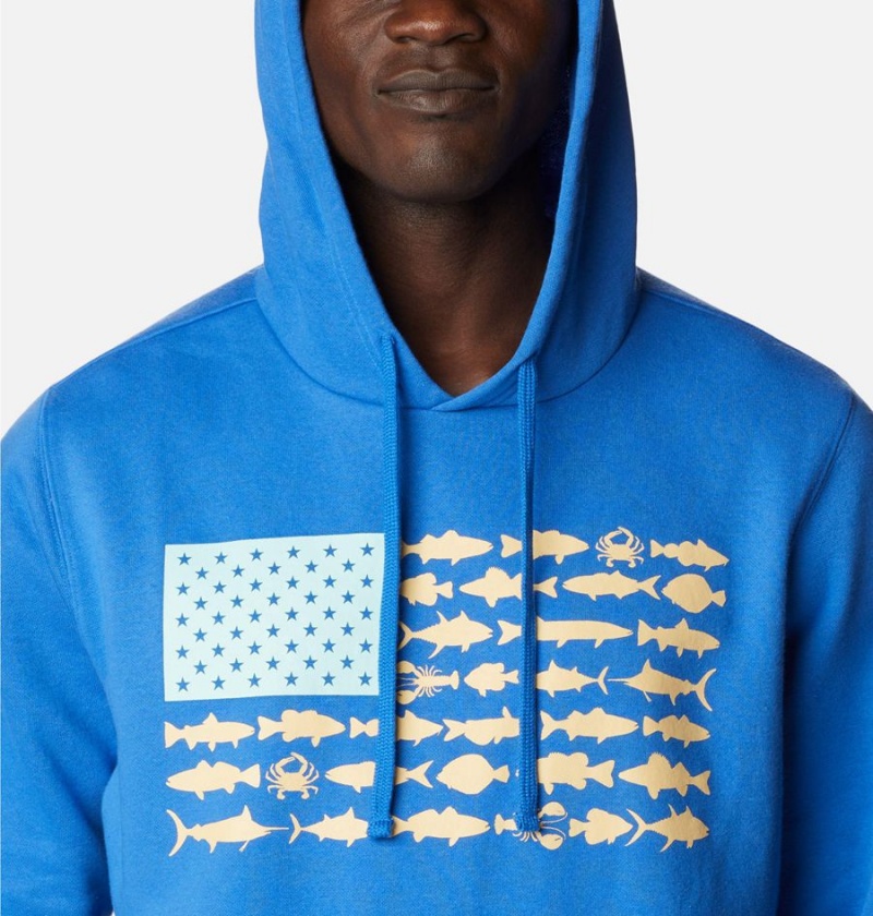 Blue Columbia PFG Fish Flag II Men's Hoodie | 10986HMDR