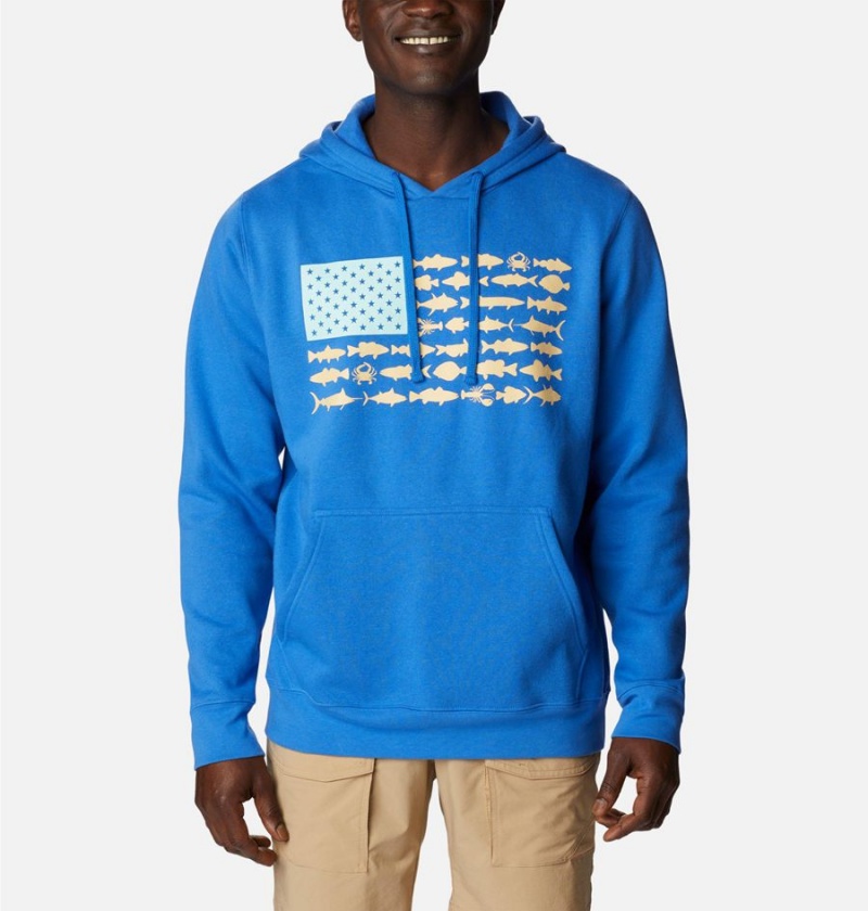 Blue Columbia PFG Fish Flag II Men\'s Hoodie | 10986HMDR