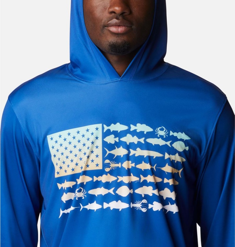 Blue Columbia PFG Terminal Tackle Fish Flag Men's Hoodie | 93704EQZD