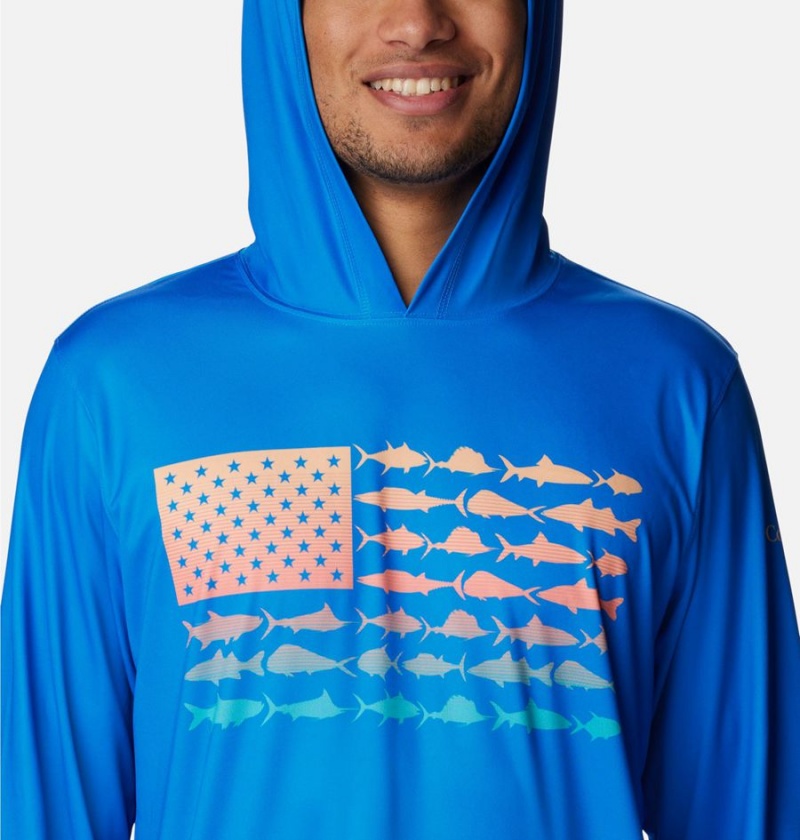 Blue Columbia PFG Terminal Tackle Fish Flag Men's Hoodie | 70968PNMB