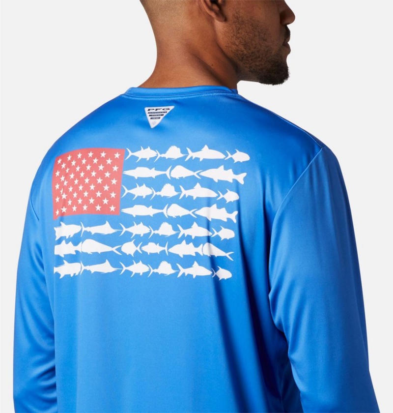 Blue Columbia Terminal Tackle PFG Fish Flag Long Sleeve Men's T-Shirt | 29035OHGN