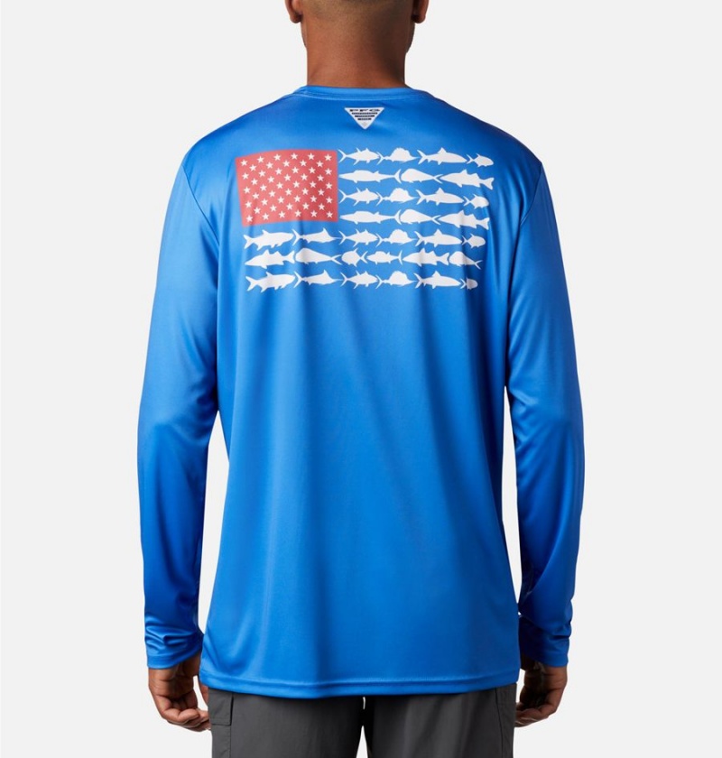 Blue Columbia Terminal Tackle PFG Fish Flag Long Sleeve Men\'s T-Shirt | 29035OHGN