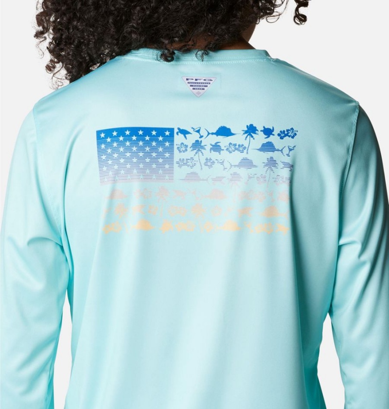 Blue Columbia Tidal PFG Fish Flag Long Sleeve Women's T-Shirt | 86095USZD