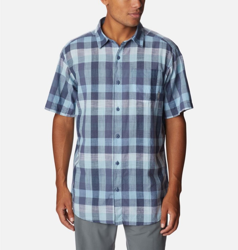 Blue Columbia Under Exposure Yarn-Dye Short Sleeve Men\'s Shirt | 80695QSBU