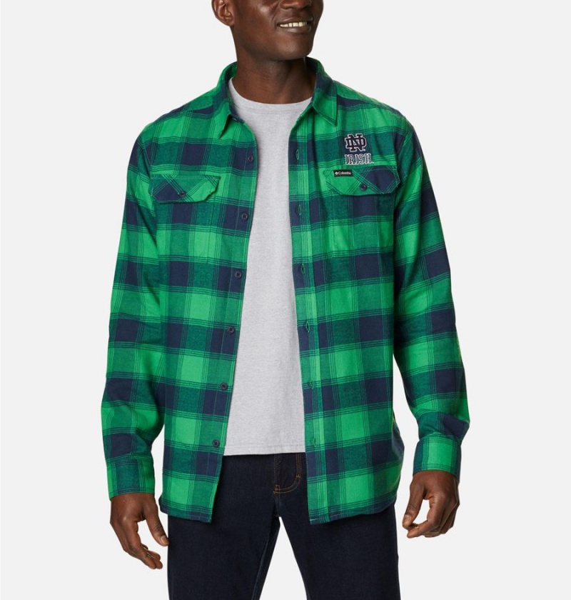 Green Columbia Collegiate Flare Gun Flannel Long Sleeve - Notre Dame Men\'s Shirt | 27814BSZL