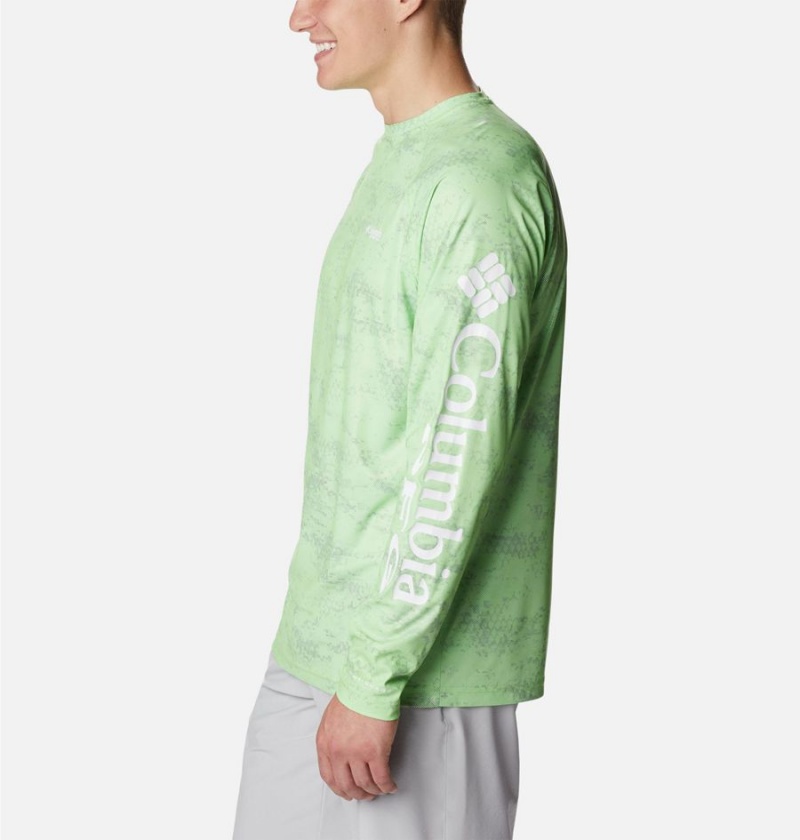 Green Columbia PFG Terminal Deflector Printed Long Sleeve Men's T-Shirt | 15380DRNS