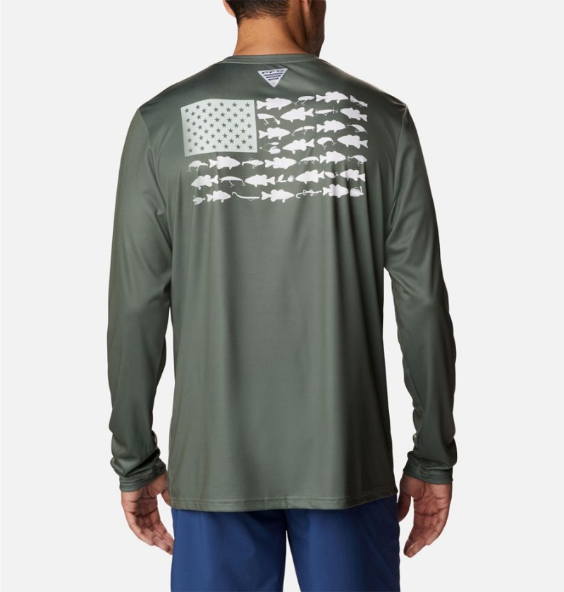 Green Columbia Terminal Tackle PFG Fish Flag Long Sleeve Men's T-Shirt | 25407TFAV