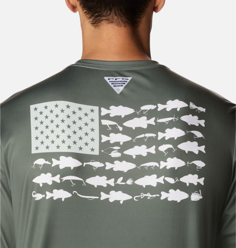 Green Columbia Terminal Tackle PFG Fish Flag Long Sleeve Men's T-Shirt | 25407TFAV