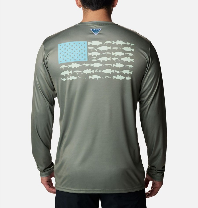 Green Columbia Terminal Tackle PFG Fish Flag Long Sleeve Men's T-Shirt | 98432KFWV