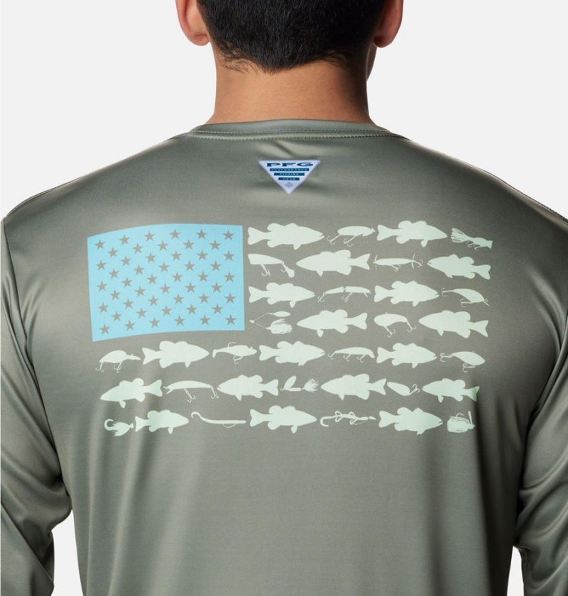 Green Columbia Terminal Tackle PFG Fish Flag Long Sleeve Men's T-Shirt | 98432KFWV