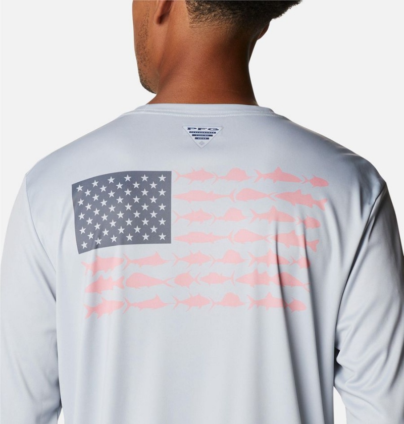 Grey Columbia Terminal Tackle PFG Fish Flag Long Sleeve Men's T-Shirt | 94268MPEA