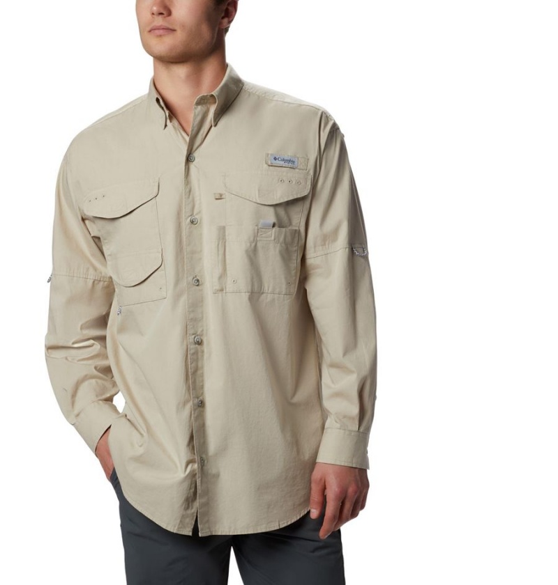 Khaki Columbia PFG Bonehead Long Sleeve Men\'s Shirt | 49702GBFO