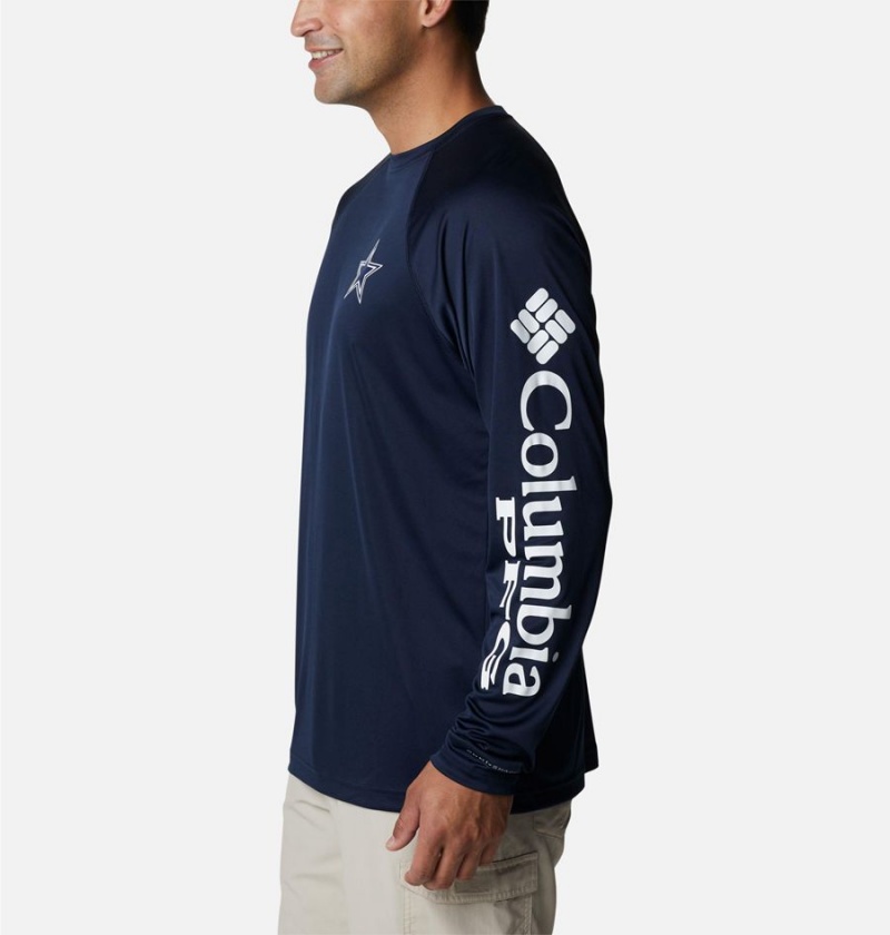 Navy Columbia Collegiate PFG Terminal Tackle Long Sleeve - Dallas Cowboys Men's T-Shirt | 21980JVWA