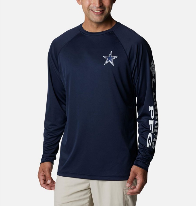 Navy Columbia Collegiate PFG Terminal Tackle Long Sleeve - Dallas Cowboys Men\'s T-Shirt | 21980JVWA