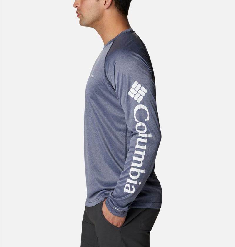 Navy Columbia Fork Stream Heather Long Sleeve Men's T-Shirt | 42367AWDF