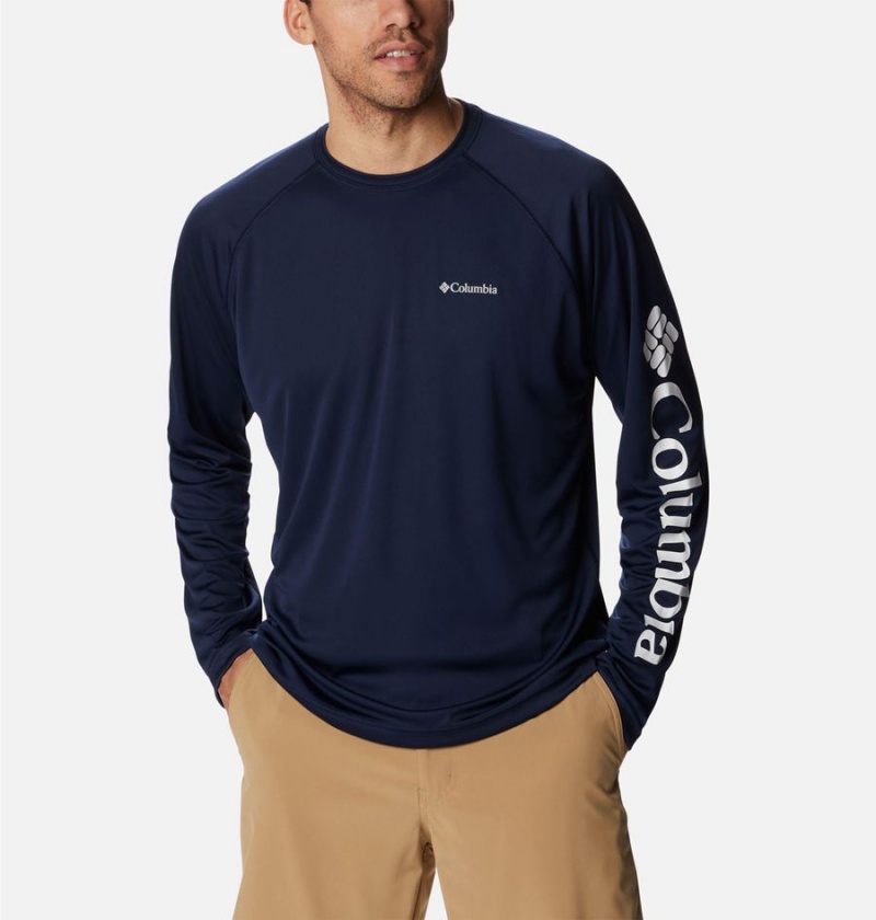 Navy Columbia Fork Stream Long Sleeve Men's T-Shirt | 08452VAHW