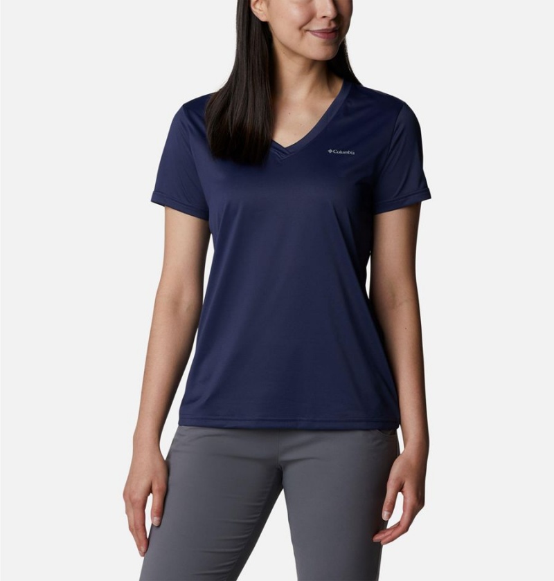 Navy Columbia Hike Short Sleeve V-Neck Women\'s T-Shirt | 40259CTZF