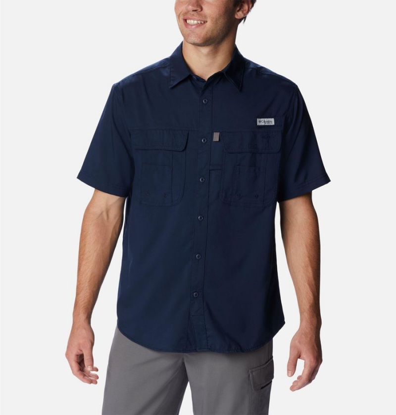 Navy Columbia PFG Drift Guide Woven Short Sleeve Men\'s Shirt | 90358XPTH