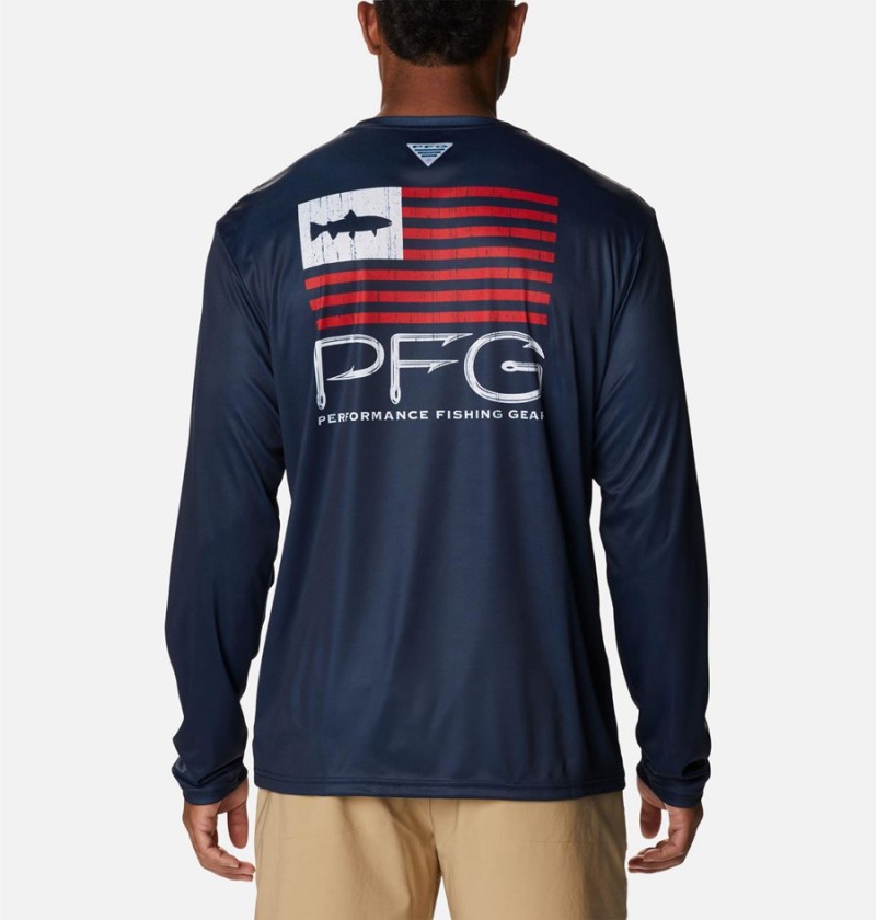 Navy Columbia PFG Terminal Tackle Fish Star Long Sleeve Men's T-Shirt | 90123DIHS