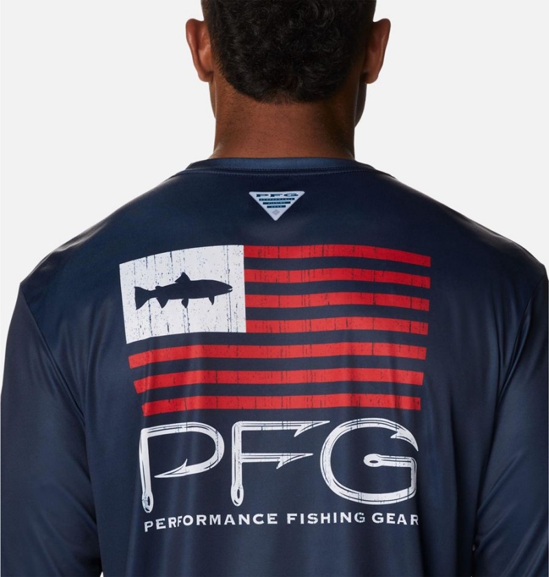 Navy Columbia PFG Terminal Tackle Fish Star Long Sleeve Men's T-Shirt | 90123DIHS