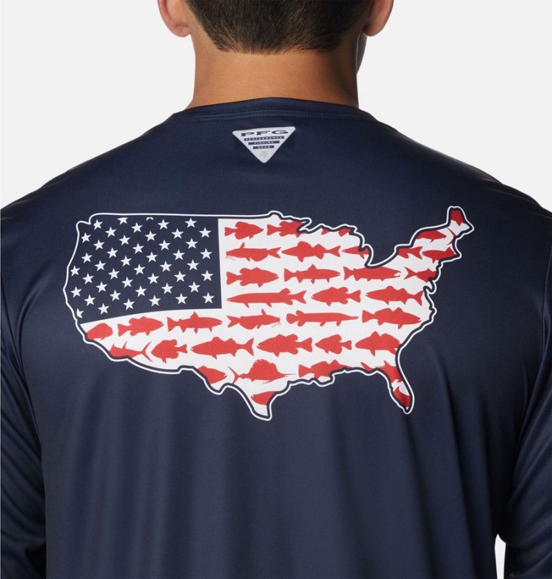 Navy Columbia PFG Terminal Tackle Statetriot Long Sleeve Men's T-Shirt | 72846MAQP