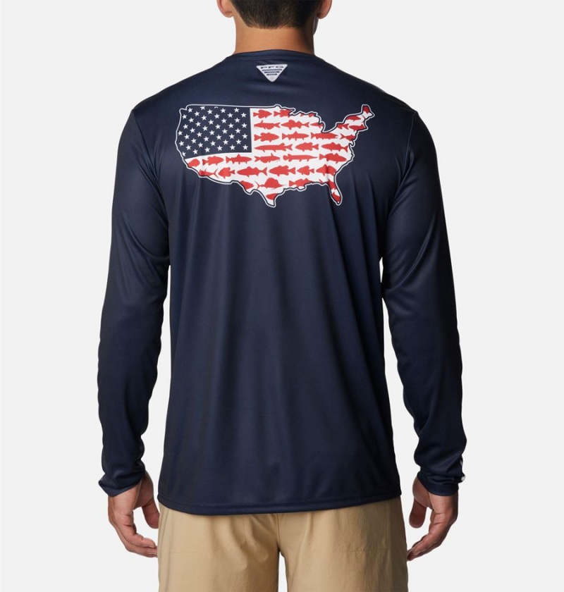 Navy Columbia PFG Terminal Tackle Statetriot Long Sleeve Men\'s T-Shirt | 72846MAQP