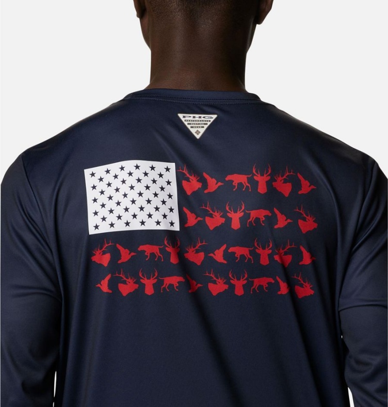 Navy Columbia PHG Terminal Shot Game Flag Long Sleeve Men's T-Shirt | 80275XSAJ