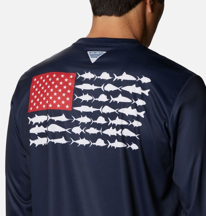 Navy Columbia Terminal Tackle PFG Fish Flag Long Sleeve Men's T-Shirt | 50637IHKU