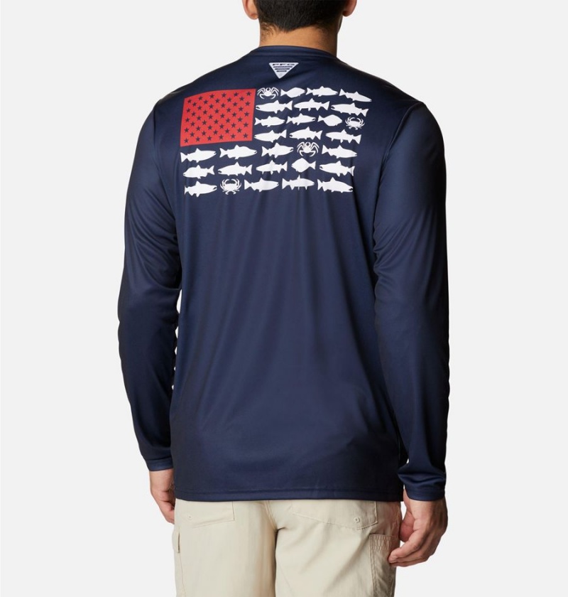 Navy Columbia Terminal Tackle PFG Fish Flag Long Sleeve Men's T-Shirt | 86179NQLC