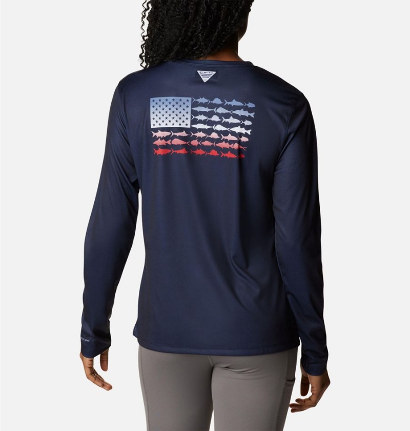 Navy Columbia Tidal PFG Fish Flag Long Sleeve Women's T-Shirt | 04258DAES