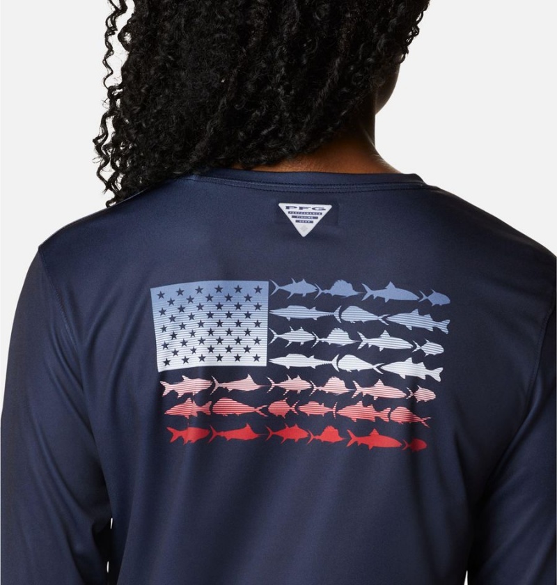 Navy Columbia Tidal PFG Fish Flag Long Sleeve Women's T-Shirt | 04258DAES