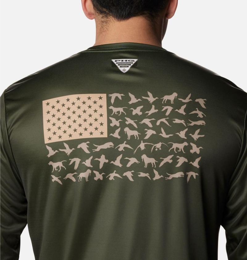 Olive Columbia PHG Terminal Shot Game Flag Long Sleeve Men's T-Shirt | 70849FLAE