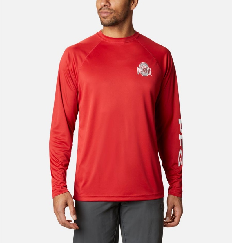 Red Columbia Collegiate PFG Terminal Tackle Long Sleeve - Ohio State Men\'s T-Shirt | 76289ZJQO