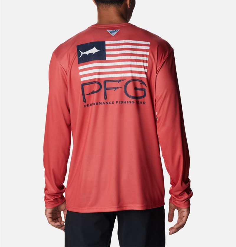 Red Columbia PFG Terminal Tackle Fish Star Long Sleeve Men's T-Shirt | 49620AGFM