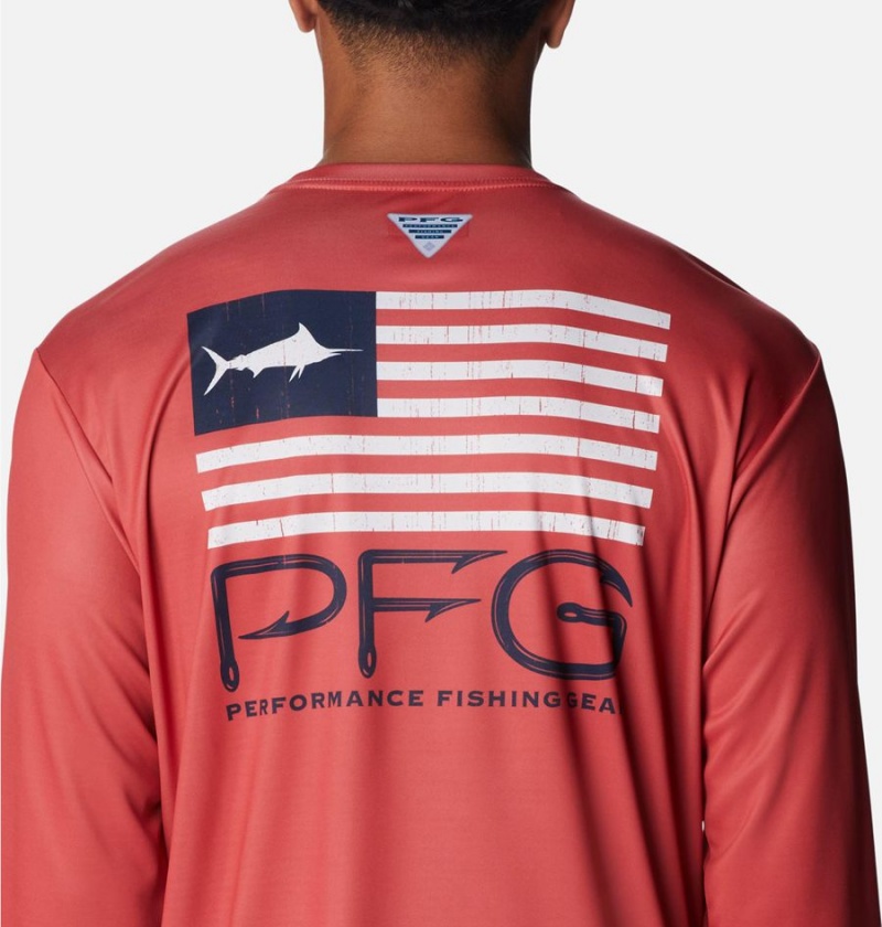 Red Columbia PFG Terminal Tackle Fish Star Long Sleeve Men's T-Shirt | 49620AGFM