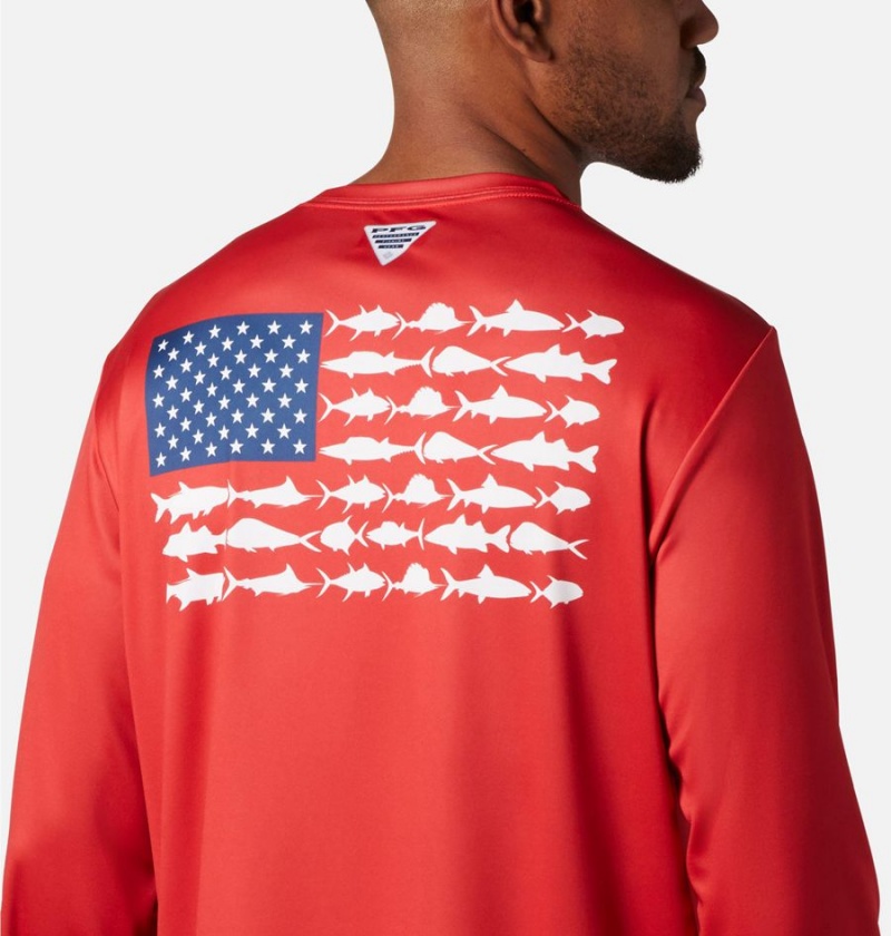 Red Columbia Terminal Tackle PFG Fish Flag Long Sleeve Men's T-Shirt | 96031RGIK