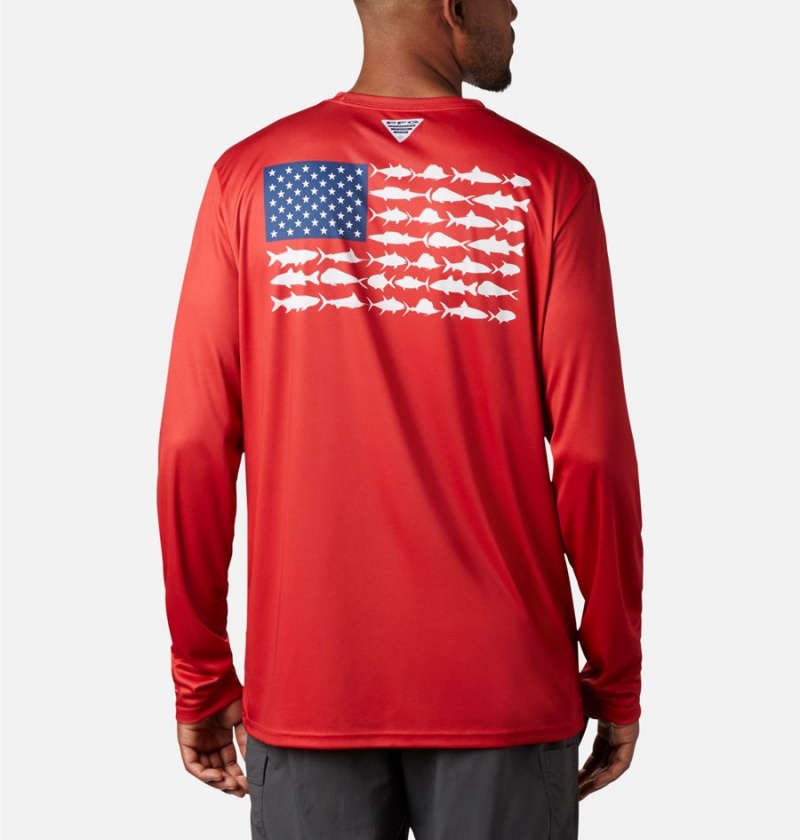 Red Columbia Terminal Tackle PFG Fish Flag Long Sleeve Men\'s T-Shirt | 96031RGIK