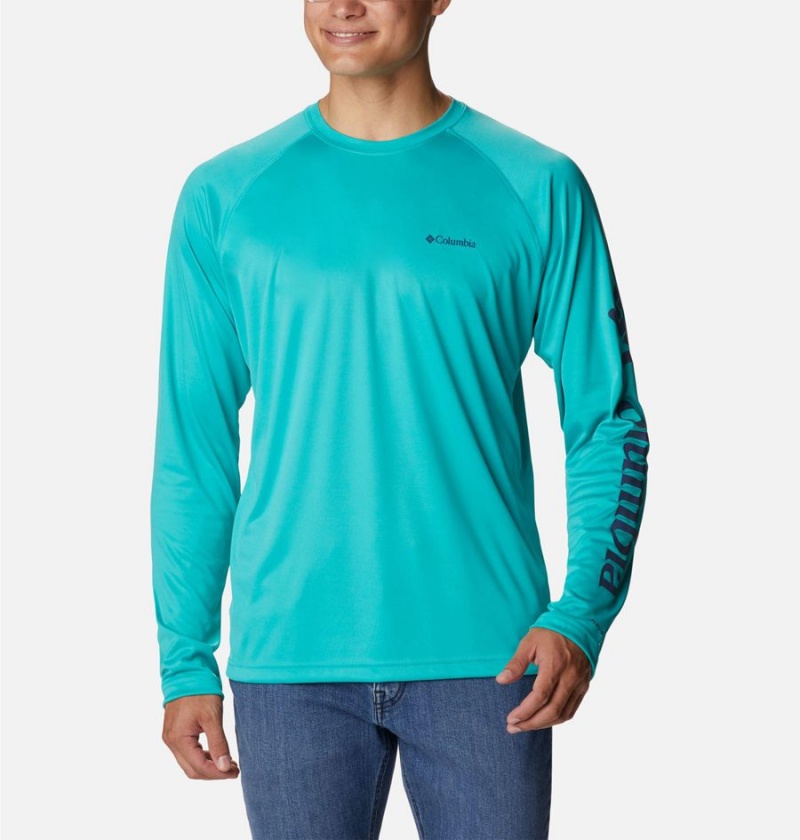 Turquoise Columbia Fork Stream Long Sleeve Men's T-Shirt | 03194VFHZ