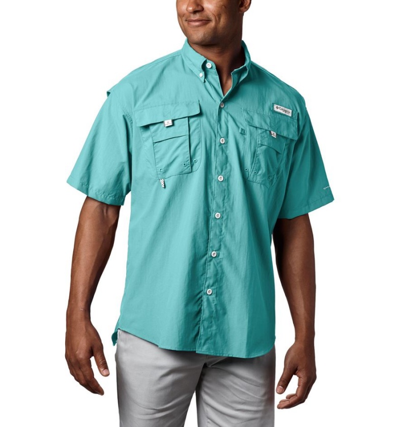 Turquoise Columbia PFG Bahama II Short Sleeve Men\'s Shirt | 73245BIDE