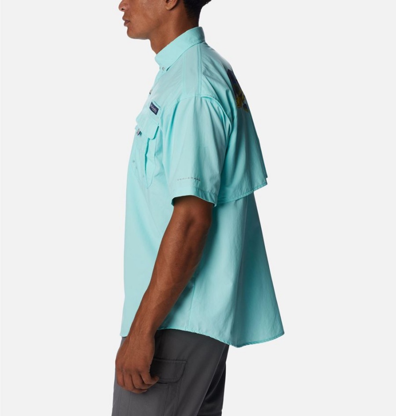 Turquoise Columbia PFG Bahama Icon Short Sleeve Men's Shirt | 54693GTSE