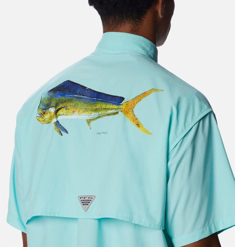 Turquoise Columbia PFG Bahama Icon Short Sleeve Men's Shirt | 54693GTSE