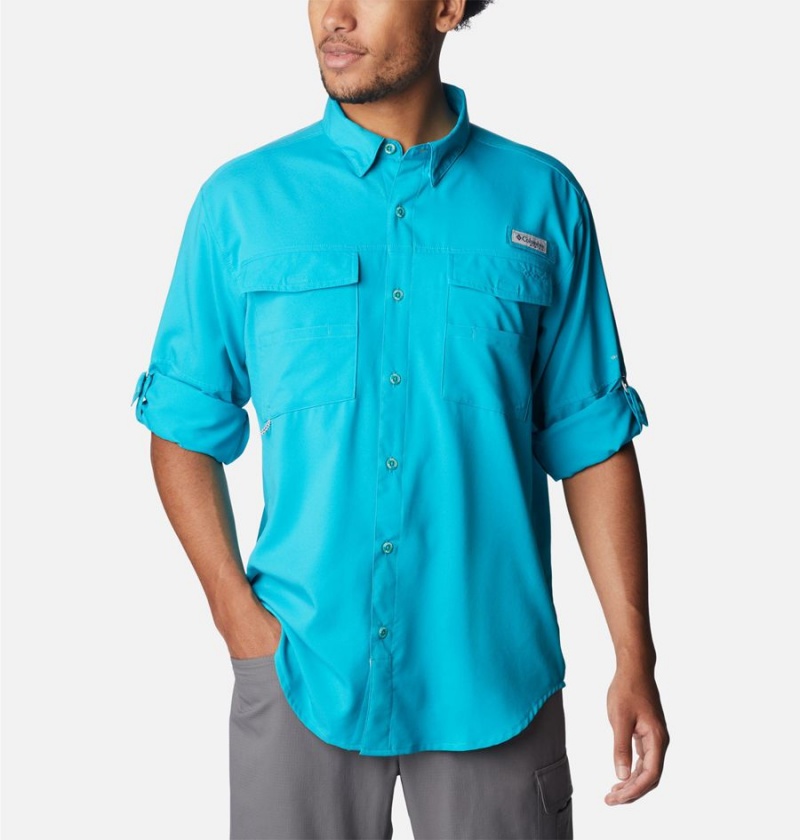 Turquoise Columbia PFG Blood and Guts IV Woven Long Sleeve Men's Shirt | 13948CUJG