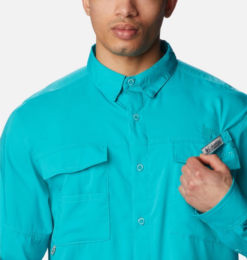 Turquoise Columbia PFG Blood and Guts IV Woven Long Sleeve Men's Shirt | 82105LDYW